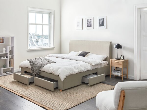 Čalúnená posteľ s úložným priestorom béžová látkové čalúnenie 160 x 200 cm so zásuvkami moderný škandinávsky dizajn