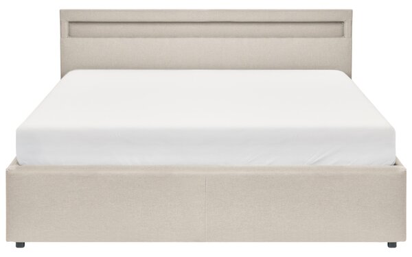 Posteľ s úložným priestorom béžová látkové čalúnenie 160 x 200 cm s čelom s viacfarebným LED osvetlením lamelový rošt spálňa