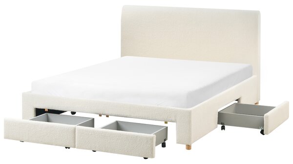 Čalúnená posteľ s úložným priestorom krémová biela buklé čalúnenie 160 x 200 cm so zásuvkami moderný škandinávsky dizajn