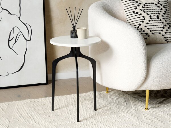 Príručný stolík biela mramorová doska čierne kovové nohy 56 x 36 x 36 cm okrúhly moderný glamour obývacia izba spálňa