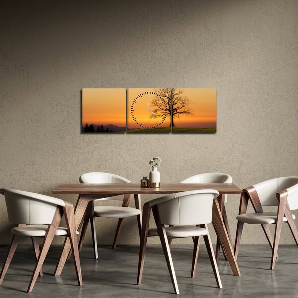 Obraz západu slnka na lúke (s hodinami) (90x30 cm)