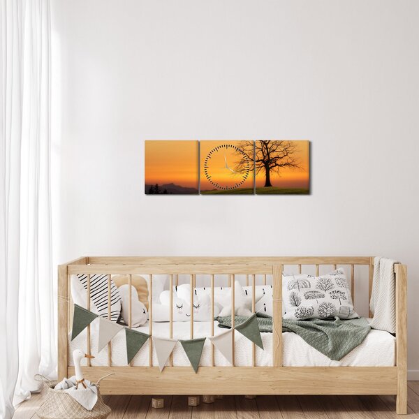 Obraz západu slnka na lúke (s hodinami) (90x30 cm)