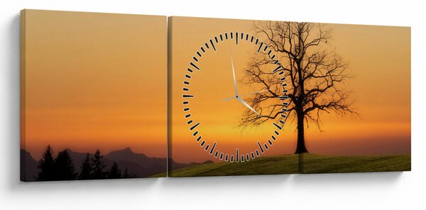 Obraz západu slnka na lúke (s hodinami) (90x30 cm)