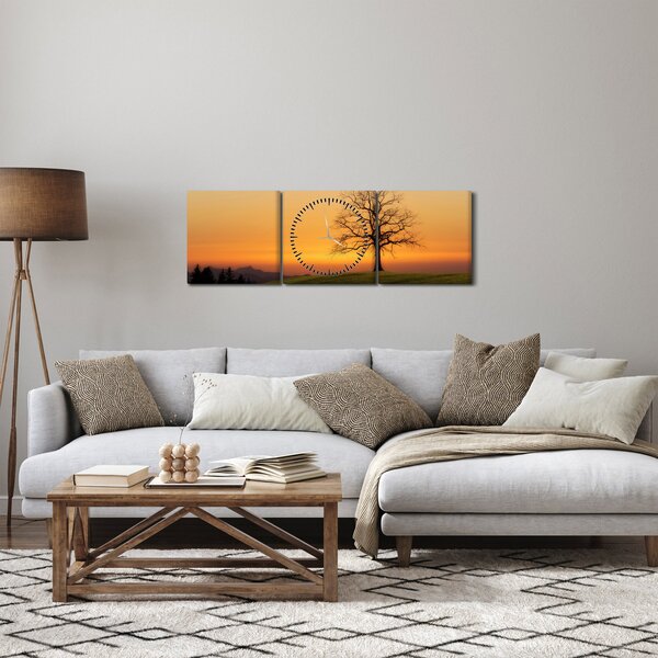 Obraz západu slnka na lúke (s hodinami) (90x30 cm)