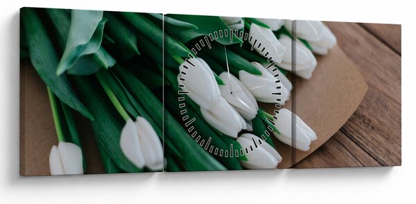 Obraz kytice bielych tulipánov (s hodinami) (90x30 cm)