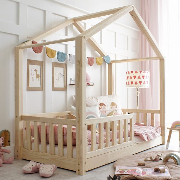 MAXMAX Detská domčeková Montessori posteľ z masívu borovice Bedhouse FENCE - 180x80 cm