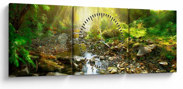 Obraz rieky v zelenom lese (s hodinami) (90x30 cm)