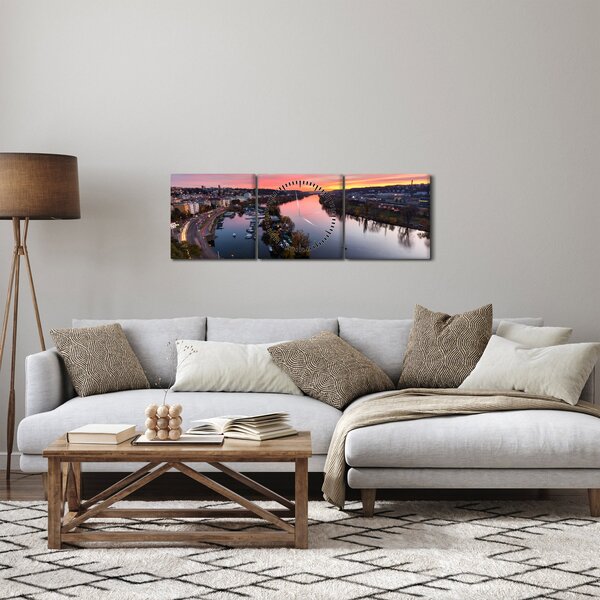 Obraz nočnej Prahy (s hodinami) (90x30 cm)