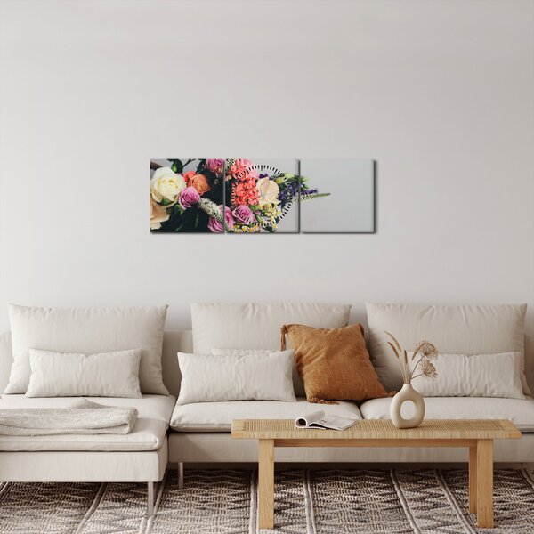 Obraz košíka s kvetinami (s hodinami) (90x30 cm)