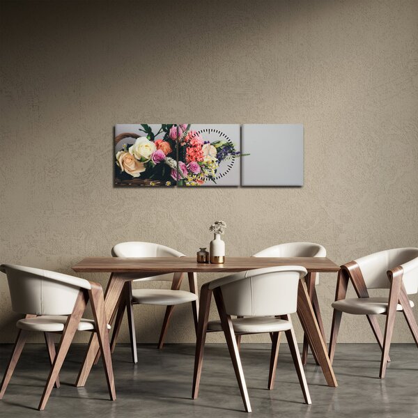 Obraz košíka s kvetinami (s hodinami) (90x30 cm)
