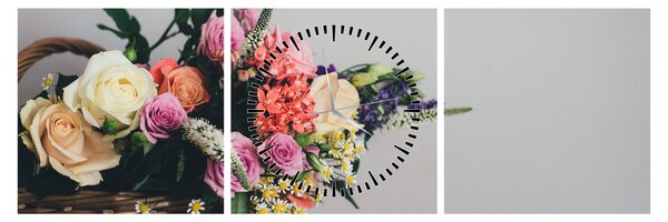 Obraz košíka s kvetinami (s hodinami) (90x30 cm)