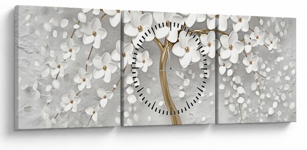 Obraz bieleho stromu s kvetinami (s hodinami) (90x30 cm)