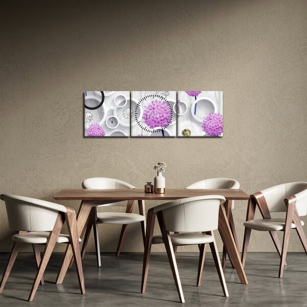 Obraz 3D abstrakcie s kruhmi a kvetinami (s hodinami) (90x30 cm)