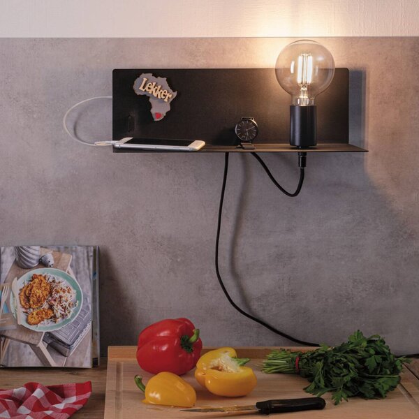Paulmann nástenné svetlo Devara, čierna 40 cm E27 USB port, Čierna, Spálňa, kov, Moderný, Nástenné svietidlo