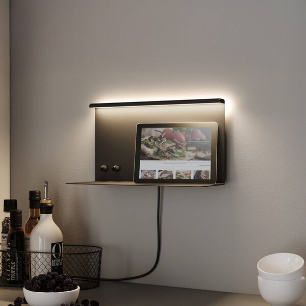 Paulmann LED nástenné svetlo Jarina čierna 35 cm odkladací priestor USB port, Čierna, Spálňa, kov, Moderný, Nástenné svietidlo