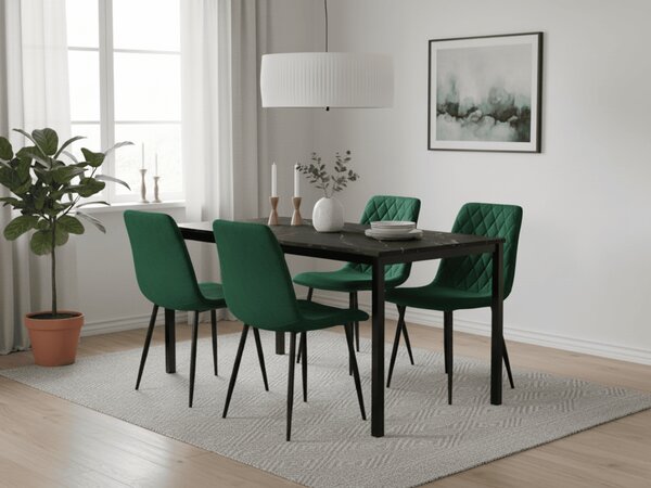 Jedálenský set 1 + 4, čierny stôl RAMOD 100x60 cm mramorový dekor + zelená stolička TURIN s čiernymi nohami