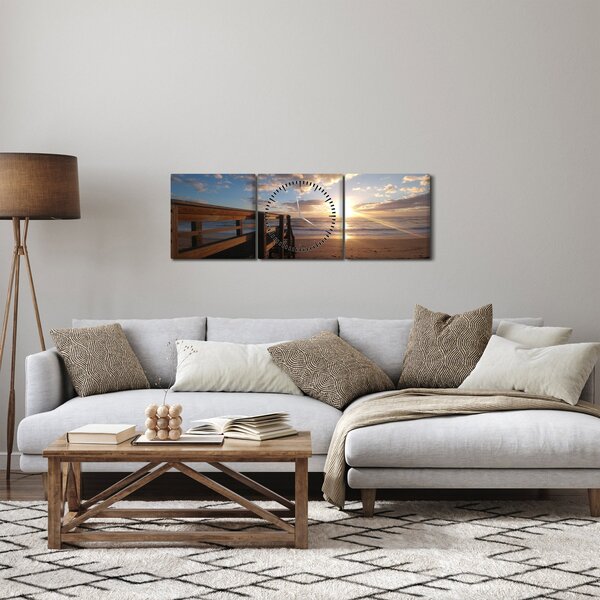 Obraz móla, pláže a more (s hodinami) (90x30 cm)