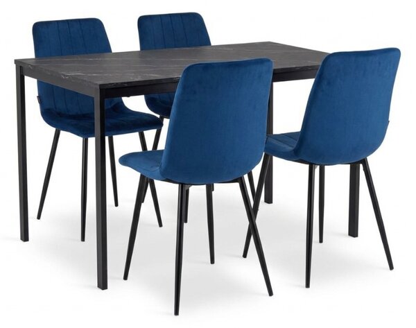 Jedálenský set 1 + 4, čierny stôl RAMOD 100x60 cm + modrá stolička LAVA s čiernymi nohami