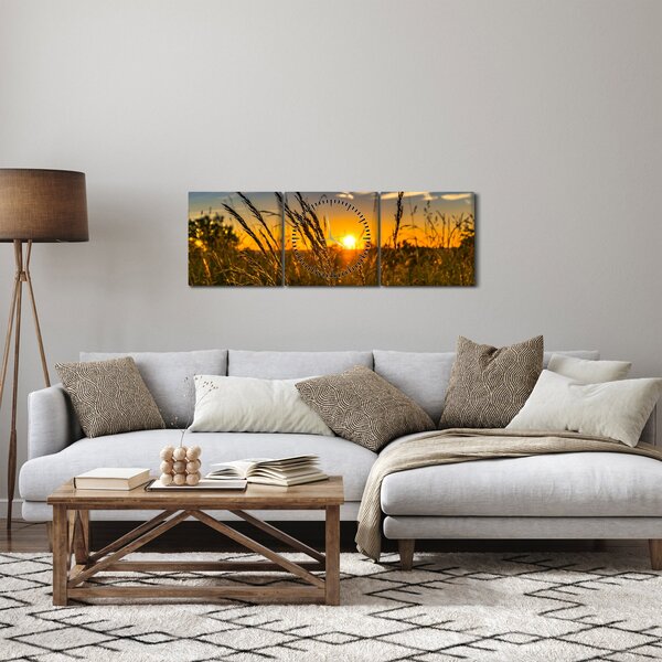 Obraz pole pri západe slnka (s hodinami) (90x30 cm)
