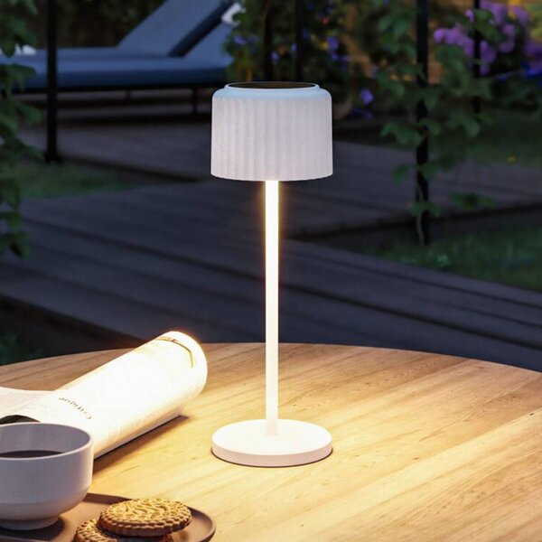 Paulmann LED solárna stolová lampa Else, biela, IP44, stmievateľné, Biela / opálová, Obývacia izba / jedáleň, Hliník, Moderný, Stojacie svietidlo