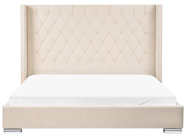 Posteľ krémová biela zamatová čalúnená 180 x 200 cm prešívané čelo elegantný glamour dizajn