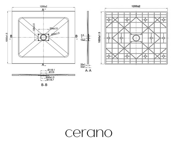 CERANO - Sprchová vanička obdĺžniková FlexiCut - SMC/minerálny kompozit - upraviteľná - čierna matná - 120x100x3 cm