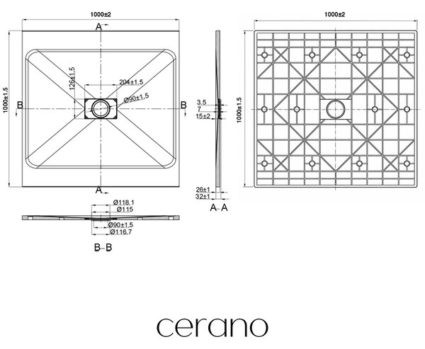 CERANO - Sprchová vanička štvorcová FlexiCut - SMC/minerálny kompozit - upraviteľná - čierna matná - 100x100x3 cm