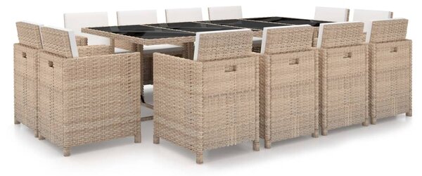 Maison Exclusive – 13-dielna záhradná jedálenská súprava s podložkami, umelý ratan, béžová farba