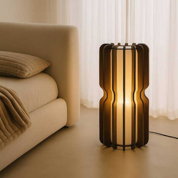 Lucande stojacia lampa Juneta, 75 cm, hnedá, drevo, textil, Tmavé drevo, Obývacia izba / jedáleň, Drevo, Škandinávsky, Stojaca lampa