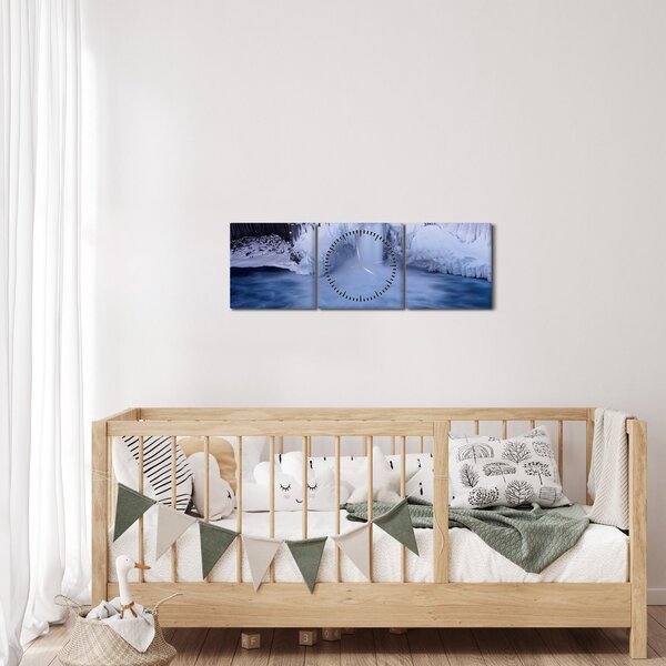 Obraz vodopádu v zime (s hodinami) (90x30 cm)