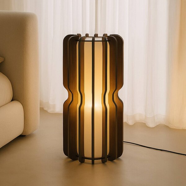 Lucande stojacia lampa Juneta, 75 cm, hnedá, drevo, textil, Tmavé drevo, Obývacia izba / jedáleň, Drevo, Škandinávsky, Stojaca lampa