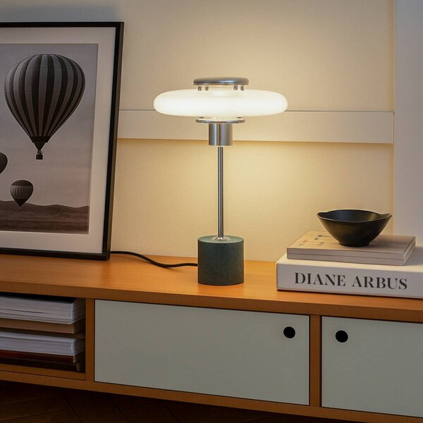 Lindby stolová lampa Branford, retro, biela/zelená opálové sklo/mramor, Zelená, Obývacia izba / jedáleň, Sklo, Vintage, Stojacie svietidlo