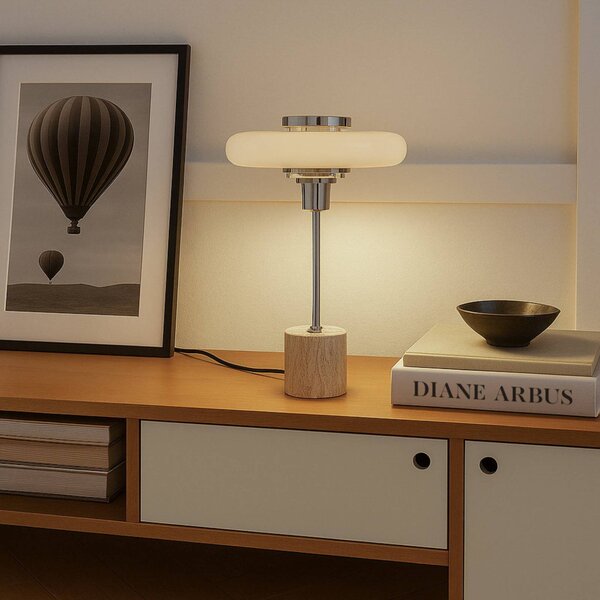 Lindby stolová lampa Branford, retro, béžová, kov/travertín, Krémová / jantárovo žltá, Obývacia izba / jedáleň, kov, Vintage, Stojacie svietidlo