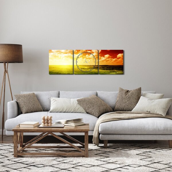 Obraz lúky so žiariacim slnkom (s hodinami) (90x30 cm)