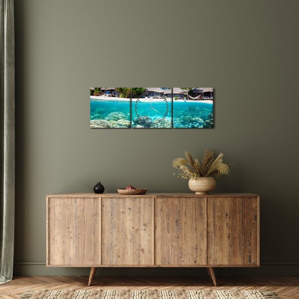 Obraz pláže na tropickom ostrove (s hodinami) (90x30 cm)