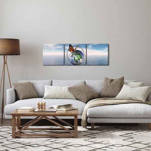 Obraz motýľa na sklenenej guli (s hodinami) (90x30 cm)