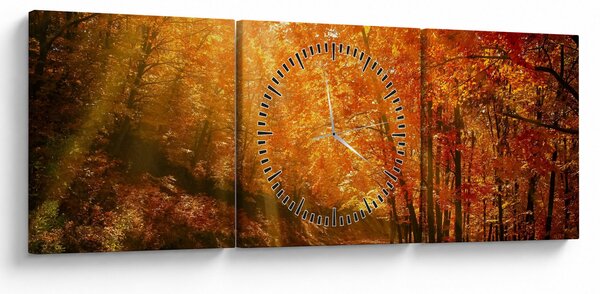 Obraz jesenného lesa (s hodinami) (90x30 cm)