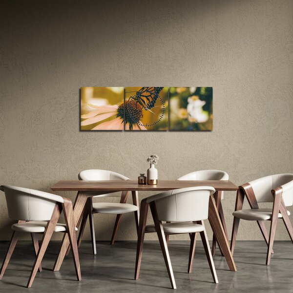 Obraz motýľa na kvetine (s hodinami) (90x30 cm)