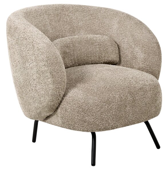 Kreslo sivobéžové buklé čalúnenie čierne kovové nohy zaoblené operadlo retro glamour art deco štýl obývačka