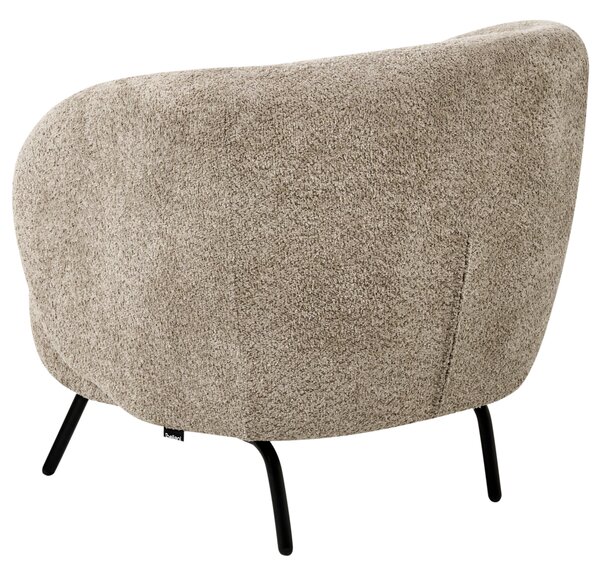 Kreslo sivobéžové buklé čalúnenie čierne kovové nohy zaoblené operadlo retro glamour art deco štýl obývačka