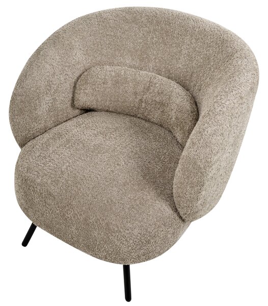 Kreslo sivobéžové buklé čalúnenie čierne kovové nohy zaoblené operadlo retro glamour art deco štýl obývačka
