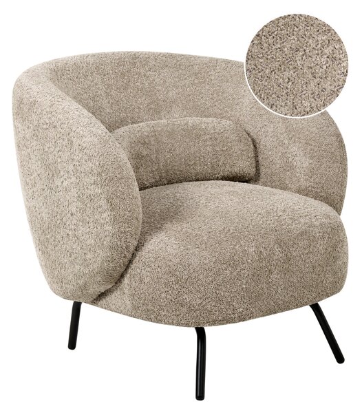 Kreslo sivobéžové buklé čalúnenie čierne kovové nohy zaoblené operadlo retro glamour art deco štýl obývačka
