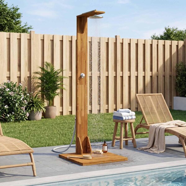 Maison Exclusive – Vonkajšia sprcha, výška 219 cm. Vyrobená z masívneho akáciového dreva a nehrdzavejúcej ocele. Prírodný dizajn