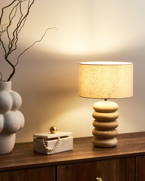 Stolná lampa svetlohnedá béžová tienidlo z bavlny a ľanu podstavec z mangového dreva 41 cm moderný štýl obývacia izba