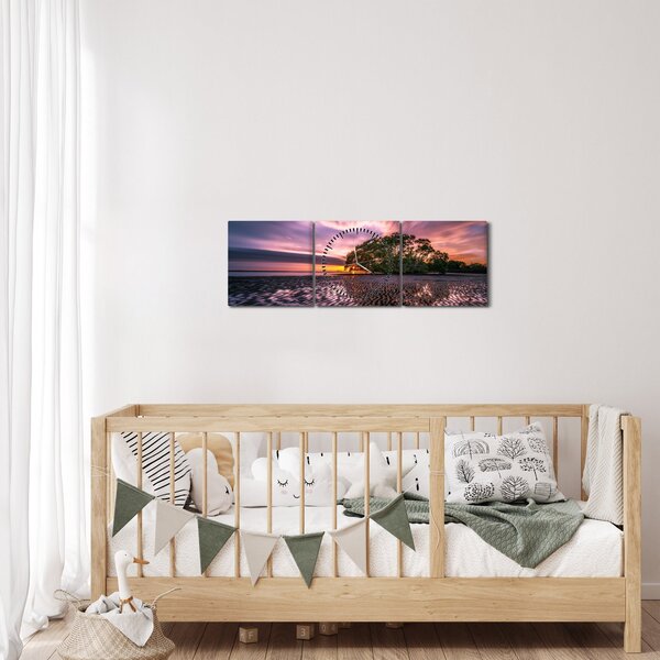 Obraz pláže pri západe slnka (s hodinami) (90x30 cm)