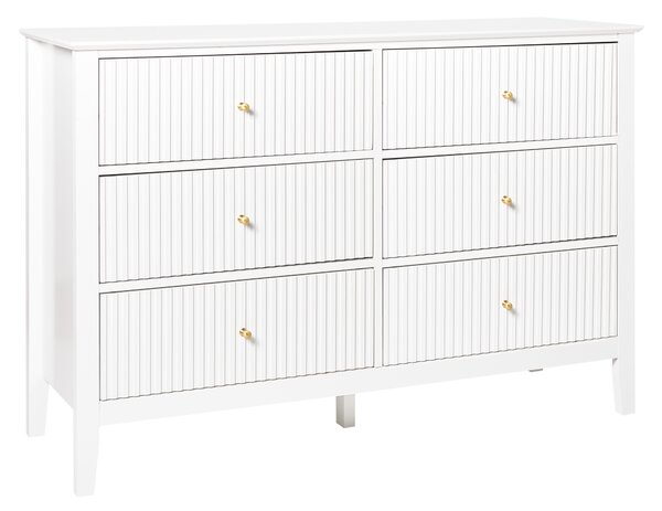 Komoda biela MDF so 6 zásuvkami zlaté úchytky úložný priestor moderný štýl obývacia izba spálňa