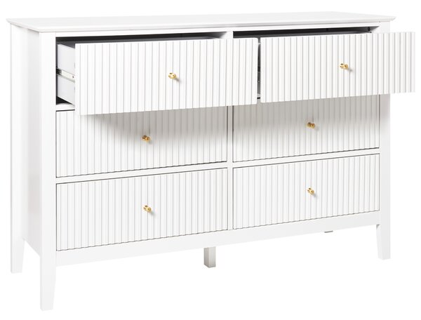 Komoda biela MDF so 6 zásuvkami zlaté úchytky úložný priestor moderný štýl obývacia izba spálňa