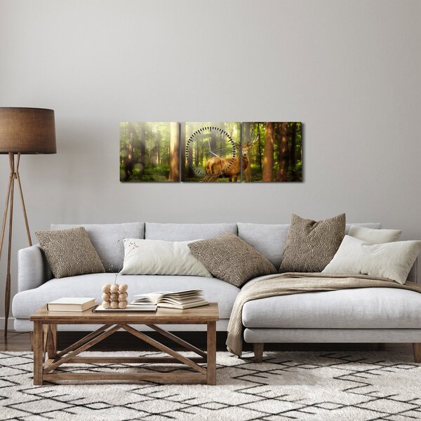 Obraz jeleňa v lese (s hodinami) (90x30 cm)