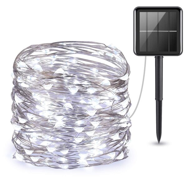 ACA Lighting LED solárna reťaz, 200 LED, 20m+2m, studená biela, IP44, 8 funkcií