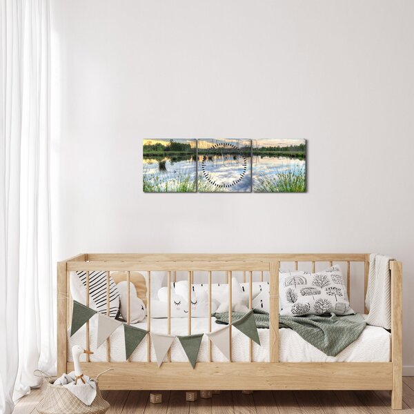 Obraz jazera s tŕstím (s hodinami) (90x30 cm)
